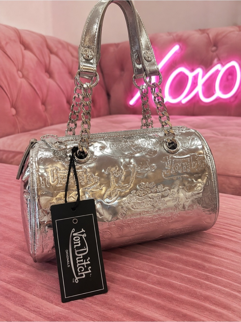 Von Dutch Silver Metallic Barrel Satchel with Chain Handles
